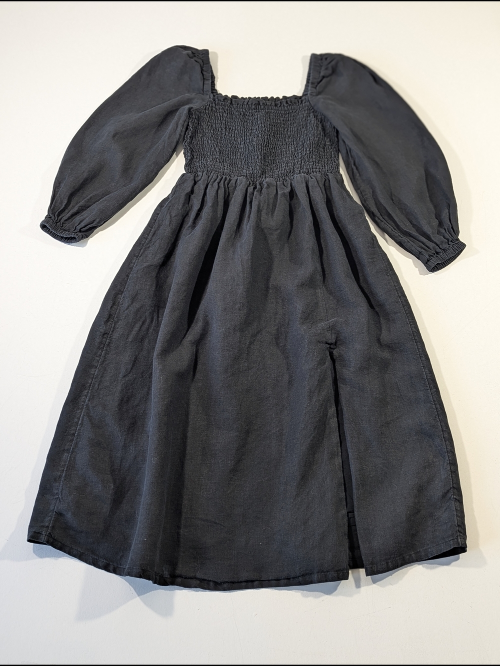 J. Crew 100% Linen Daydream Puff Sleeve Smocked bodice Midi Dress Black Size XS - Picture 6 of 13